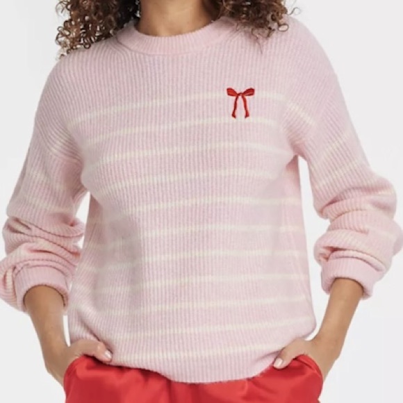a new day Sweaters - SALE! A New Day pink crewneck sweater with white stripes & red bow embroidery S
